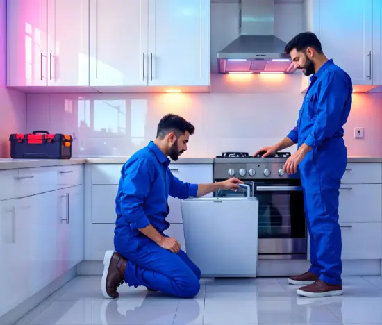 Two Near Appliance technicians inspecting a blomberg dryer repair vancouver