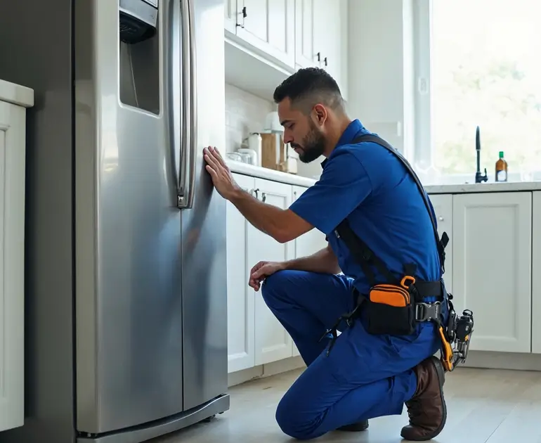 Appliance repair technician checking fridge in Richmond.